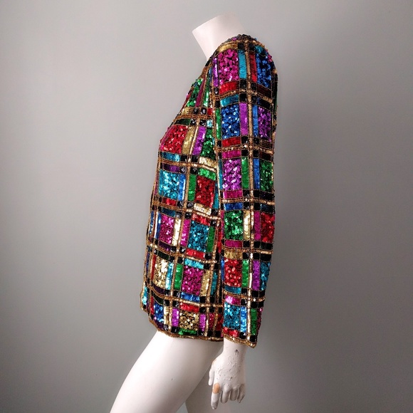 ⛔SOLD⛔ Vintage Rainbow Sequin Trophy Statement Jacket M - Picture 4 of 6